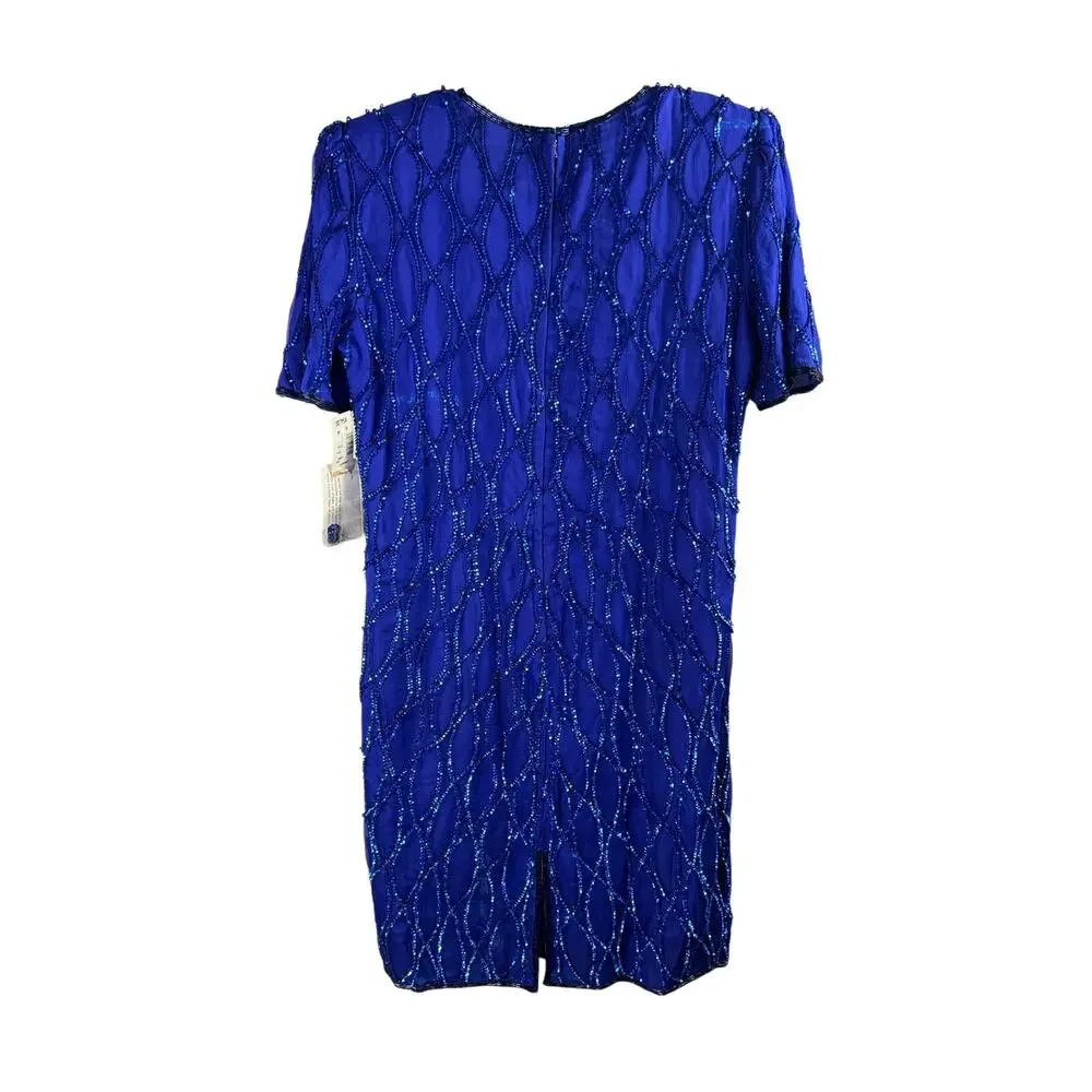 Vintage JMD New York Sapphire Blue Silk Beaded Sequin Dress Size XL 80s 90s Glam